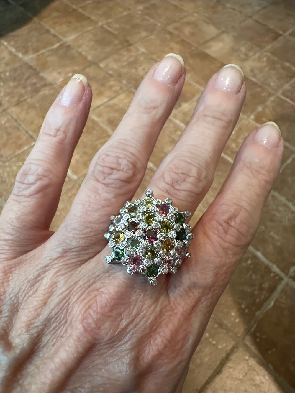 Multicolor Gem Cluster Ring in Silver Tone - Women Jewelry